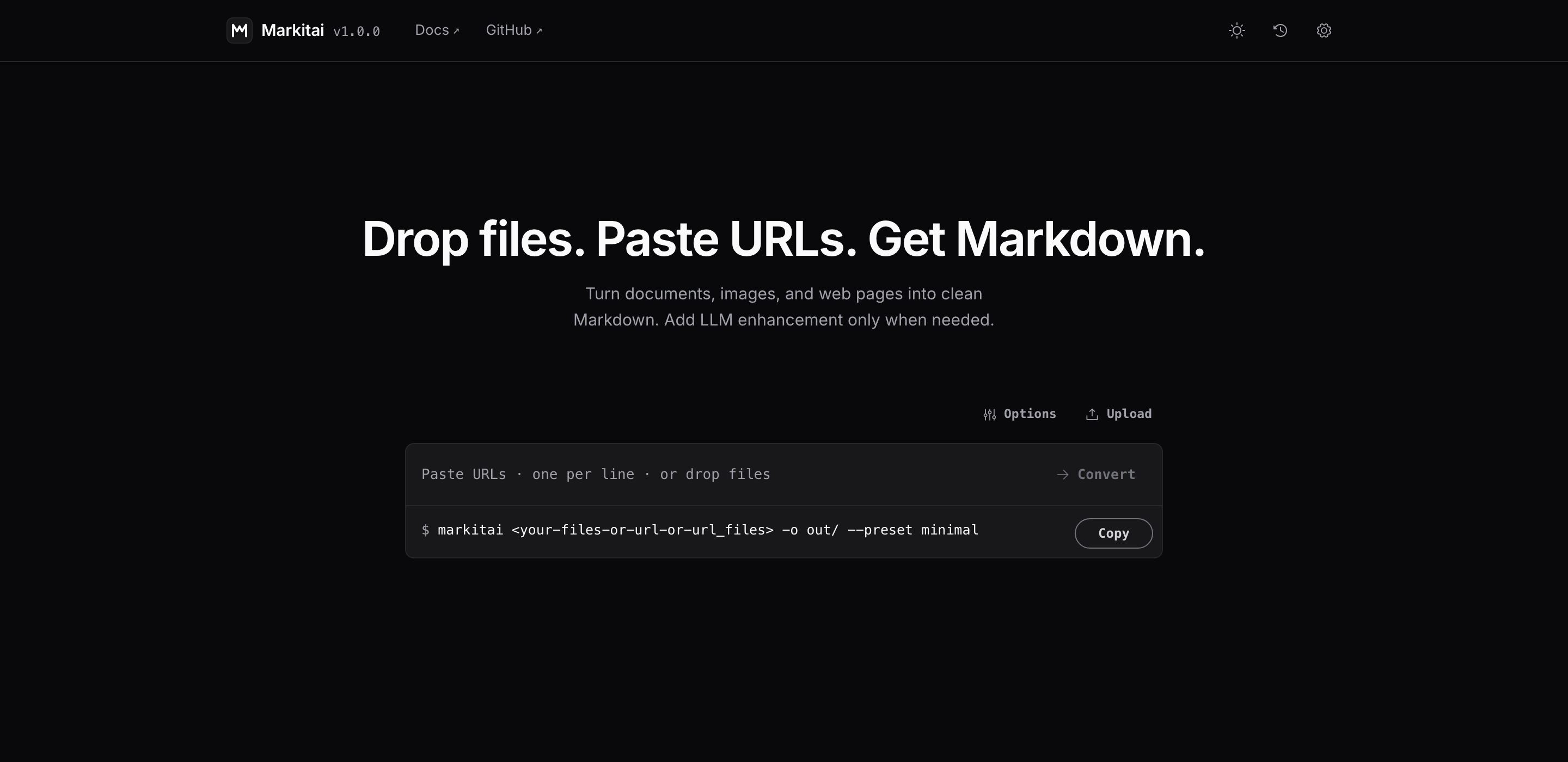 The markitai web workspace: a composer card with an Options toggle, URL field, file picker, and Convert button, and an always-visible CLI command.