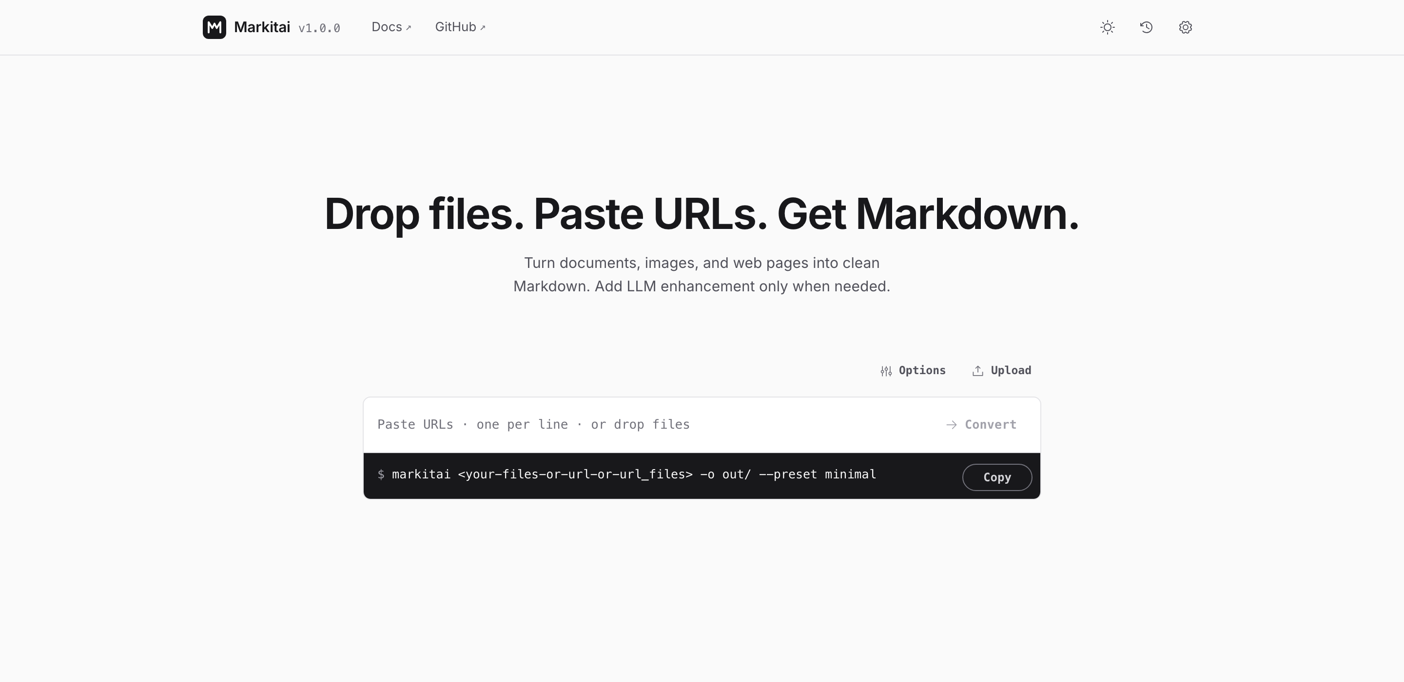 The markitai web workspace: a composer card with an Options toggle, URL field, file picker, and Convert button, and an always-visible CLI command.